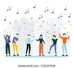 vector illustration, a group of people dancing and having fun to the music. Team of Young People Tossing Up in Air Man with Confetti Flying Around. People Celebrating Victory Achievement. Flat Vector 