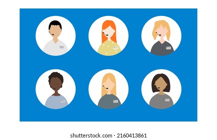 Vector illustration of a group of people. Design for avatars, badges, websites and so on. Girls and men in uniform and with badges. For call centers, online support, consultations, managers, doctors

