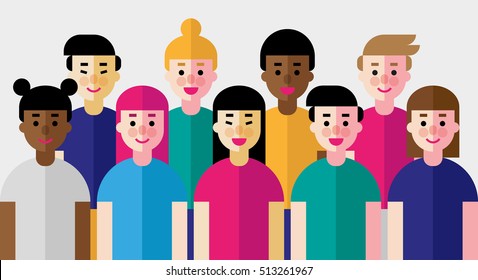 Vector Illustration Of Group Of People Of Different Nationalities And Skin Color. Race Equality, Tolerance, Diversity