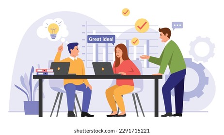 Ilustración vectorial de un grupo de personas discutiendo ideas. Escena de caricatura con un hombre y una mujer en una oficina sentados en una mesa con laptops y con una gran idea aislada en un fondo blanco.