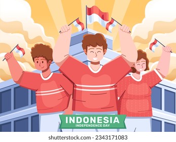 Vector Illustration A group of people from diverse backgrounds come together to celebrate their Indonesian Independence Day on August 17th their faces beaming with joy. With beautiful background