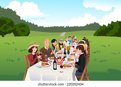 A vector illustration of group of people eating in a farm table