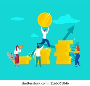 vector illustration of group of people gain the profit , return on investment concept or roi, vector template background isolated, can be use for presentation, web design, banner ui ux, landing page