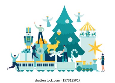 Vector illustration, a group of people getting ready for the New Year, Christmas attributes and atmosphere.