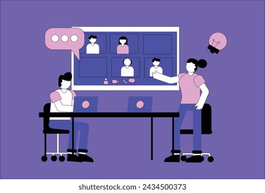 Vector illustration of a group of people having a business meeting via video conference