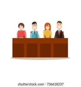 Vector illustration of group of people jury sitting at jury box. Law court people flat style design element, icon isolated on white background.