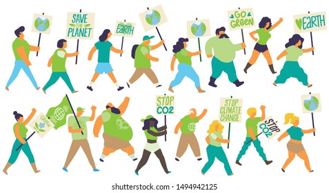 Vector illustration of a group of people marching on a demonstration protesting against climate change and for the protection of the environment. Isolated figures on white background.