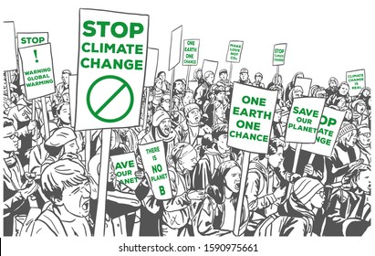 Vector illustration of a group of people marching on a demonstration protesting against climate change and for the protection of the environment. Protesters on white background. Saving Earth planet.