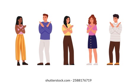 Vector illustration of a group of people with a negative gesture. Cartoon scene of dark-skinned and light-skinned boys and girls showing negative, negative hand gestures isolated on white background.