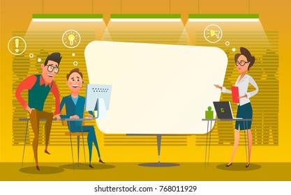 Vector illustration of group of people offering their ideas during brainstorming session at office. Business characters in the working environment. Discussion of business processes