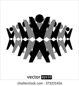 Vector illustration. Group of people with raised hands standing in the form of pyramids. Team work.