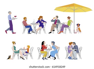 A vector illustration of group of people. Series of fashion people, men and women, sitting and drinking coffee in the street cafe.