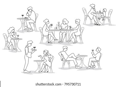 A vector illustration of group of people. Series of fashion people, men and women, sitting, eating and drinking wine in the cafe. Characters set.