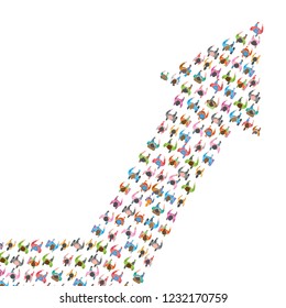 Vector illustration. A group of people in the shape of an arrow. Top view. Crowded people vector arrow symbol. View from above. Way to success business concept. 