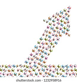 Vector illustration. A group of people in the shape of an arrow. Top view. Crowded people vector arrow symbol. View from above. Way to success business concept. 