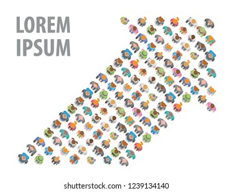 Vector illustration. A group of people in the shape of an arrow. Top view. Crowded people vector arrow symbol. View from above. Way to success business concept. 