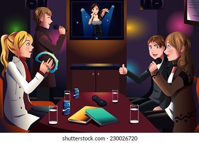 A vector illustration of group of people singing karaoke together