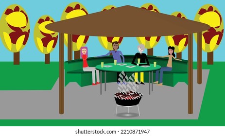 Ilustración vectorial de un grupo de personas sentadas en un cenador en un banco de una mesa grande. Gente asando carne. Dos hombres y dos mujeres. en los árboles de fondo en los colores del otoño. Amigos, barbacoa, comida