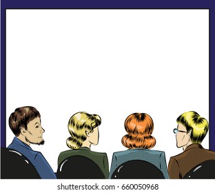 Vector illustration of group of people spectators. Listeners sitting back in first row in retro pop art comic style.