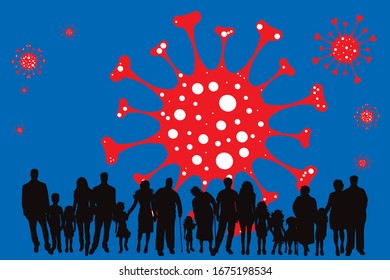 Vector illustration of group of people spreading virus sign in air. Symbol of disease and coronavirus.