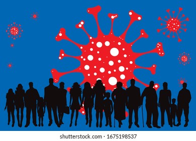 Vector illustration of group of people spreading virus sign in air. Symbol of disease and coronavirus.