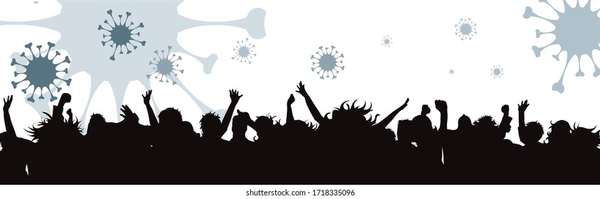 Ilustración vectorial de las personas del grupo con la propagación de virus en el aire. Símbolo de enfermedad y coronavirus.