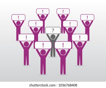 Vector illustration of group of people standing with posters. Business concept of teamwork, leadership or individuality can be used for slide presentation, advertisement or training.