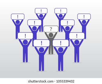 Vector illustration of group of people standing with posters. Business concept of teamwork, leadership or individuality can be used for slide presentation, advertisement or training.