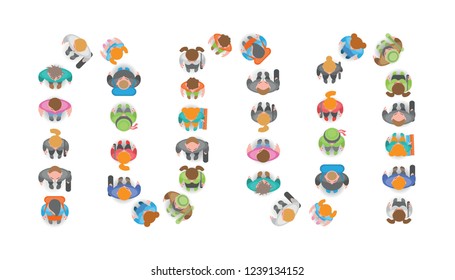 Vector illustration. A group of people standing in line. Top view. Different men and women. View from above. 