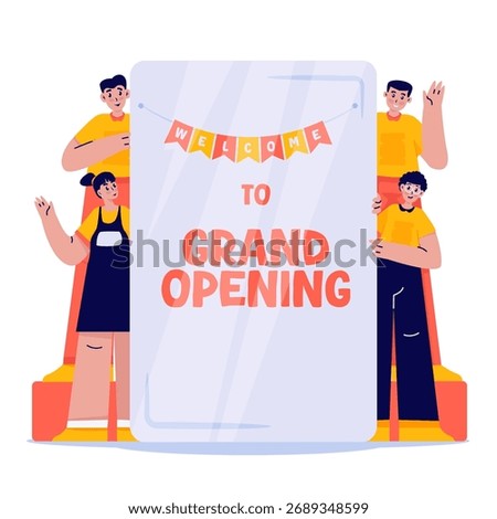 Vector illustration of a group of people standing next to a grand opening signboard to celebrate a reopening or announce a grand opening ceremony.