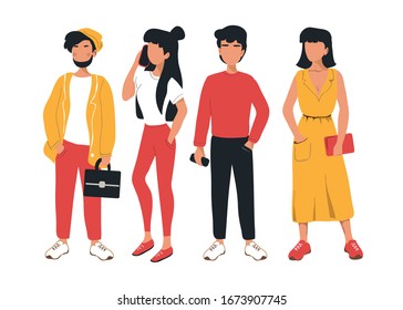 Vector illustration with group of people in stylish clothes on a white background. Business people. Hipsters, office workers