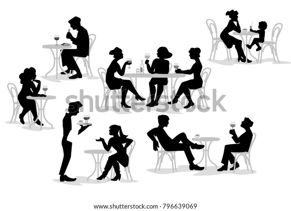 そのような人のシルエットのベクターイラスト ファッション関係の人々 男性 女性 座ったり ワインを飲んだりする人々のシリーズ 文字セット のベクター画像素材 ロイヤリティフリー
