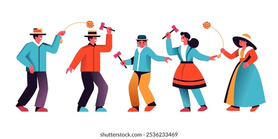 Vector illustration of a group of people in traditional attire performing a dance. The flat style design features vibrant colors and is isolated on white background.