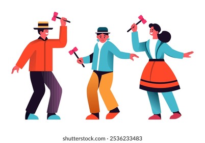 Vector illustration of a group of people in traditional attire performing a dance. The flat style design features vibrant colors and is isolated on white background.