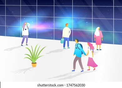 Vector illustration. A group of people visit the observatory. Night sky. Panoramic view. People look at the aurora borealis through the glass. Modern illustration with gradient color