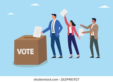 Vector illustration of group of people voting with ballot papers in large box
