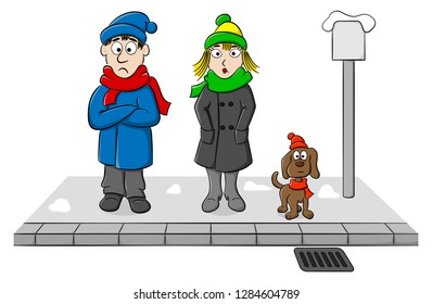 vector illustration of a group of people waiting and shivering at a stop in winter