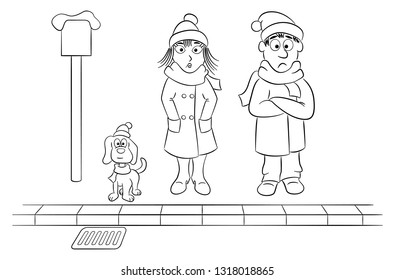 vector illustration of a group of people waiting and shivering at a stop in winter