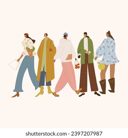 Vector illustration of a group of people walking in autumn clothes. Flat style.