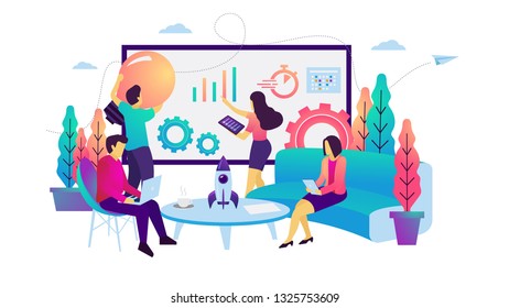 Vector illustration group of people working together, teamwork, meeting, brainstorming idea, analyzing data, building strategy to grow business. Suitable for web banner, ui, landing page, poster.