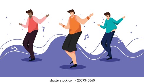 Vector Illustration, Group Of Peoples Party And Dancing Together Enjoying The Music Background.