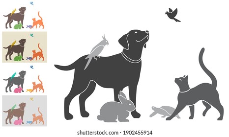 Vector illustration with a group of pets for your design. Black and white and four color options. All animals are drawn separately - you can move, delete some of them. 