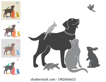 Vector illustration with a group of pets for your design. Black and white and four color options. All animals are drawn separately - you can move, delete some of them. 