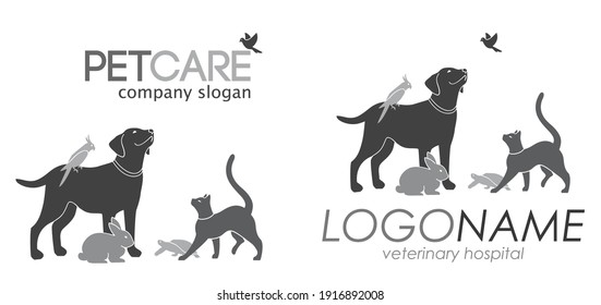 Vector illustration with a group of pets for your design. Black and white and four color options. All animals are drawn separately - you can move, delete some of them. 