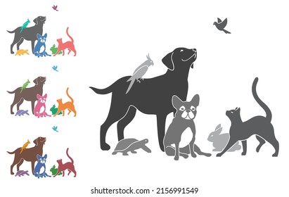 Vector illustration with a group of pets for your design. Black and white and four color options. All animals are drawn separately - you can move, delete some of them