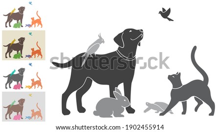 Vector illustration with a group of pets for your design. Black and white and four color options. All animals are drawn separately - you can move, delete some of them. 
