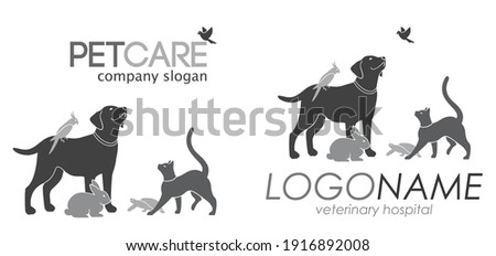 Vector illustration with a group of pets for your design. Black and white and four color options. All animals are drawn separately - you can move, delete some of them. 