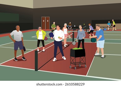 A vector illustration of Group Pickleball Clinic Coaching Session
