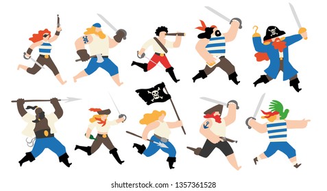 Vector illustration of a group of pirates running to fight with swords, cutlasses and pistols in their hands. Editable positions and colors