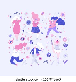 Vector illustration - group of plus size woman. Body positivity concept - all bodies are good bodies.